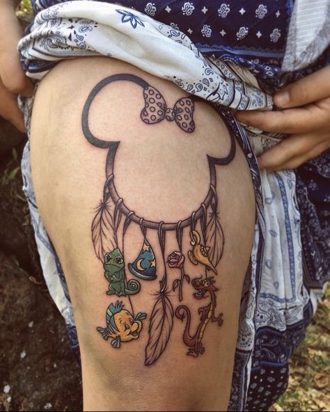 Disney Dreamcatcher Tattoo, Disney Dream Catcher Tattoo, Disney Dream Catcher, Disney Thigh Tattoo, Tattoos Disney, Upper Leg Tattoos, Full Hand Tattoo, Nurse Tattoo, Hidden Tattoos