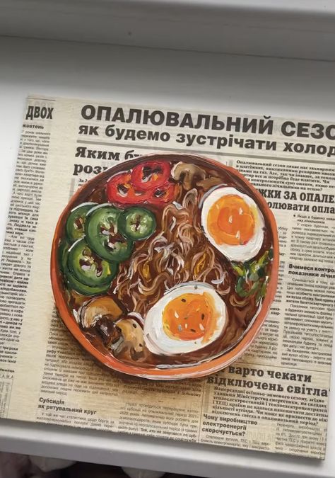 Food Painting On Newspaper, Food Sketchbook Pages, Food Artists Gcse, Juli Stankevych Painting, Food Gcse Art, Gcse Art Food Title Page, Food Acrylic Painting, Ramen Painting, Food Painting Acrylic