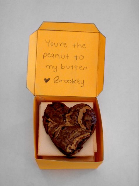 You're the peanut to my butter ♥ Homemade peanut butter brownies cut into hearts in a little homemade box.  DIY Boyfriend Gift - DIY - DIY Boyfriend Present- Boyfriend Gift - Puns - Peanut Butter - Brownies- Hearts - Homemade Peanut Butter Brownies, Baked Good Gifts, Gift Puns, Butter Homemade, Butter Brownies, Baked Good, Best Boyfriend Gifts, Good Gifts, Homemade Peanut Butter