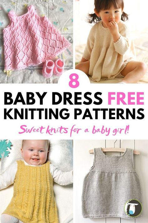 8 Adorable Baby Dress FREE Knitting Patterns: What to Knit for a Baby Girl! Cute Shed, Knit Dress Pattern Free, Baby Knitting Patterns Free Newborn, Baby Dress Pattern Free, Dress Knitting, Knit Dress Pattern, Knit Baby Dress, Baby Cardigan Knitting Pattern