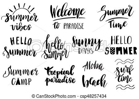 Set of hand drawn summer theme phrases. Modern lettering quotes. - csp48257434 Summer Phrases, Modern Calligraphy Quotes, Summer Calligraphy, Summer Vibes Friends, Summer Font, Online Shopping Quotes, Vibe Quote, Modern Lettering, Calligraphy Quotes