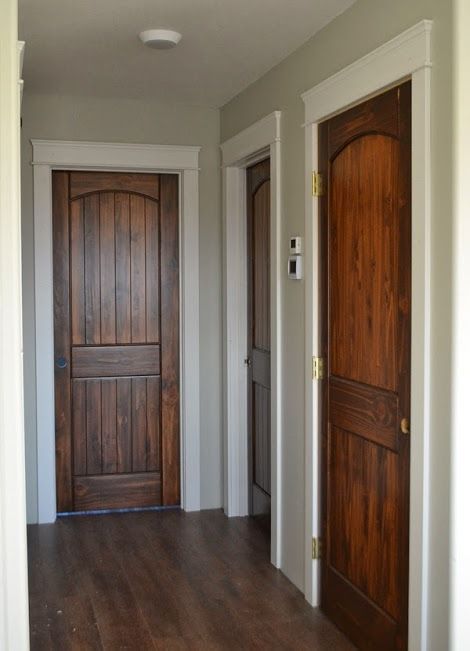 Modern Casing and Headers | Craftsman Style --- The new house will have these solid doors in Walnut! Looks nice with the white trim. Stained Doors, Window Trim, Wood Trim, Wood Doors Interior, Interior Barn Doors, Remodel Bedroom, Design Living Room, Craftsman Style, White Trim