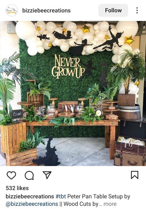 Neverland Dance Theme, Peter Pan Photo Booth, Peter Pan Gender Reveal, Neverland Decorations Diy, Peter Pan 3rd Birthday, Neverland Backdrop, Peter Pan Birthday Theme, Peter Pan Balloon Arch, Neverland Trunk Or Treat Ideas