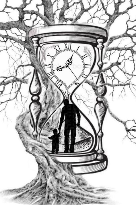 Heaven Tattoos, Hourglass Tattoo, Family Tattoo Designs, Tree Tattoo Designs, Meaningful Drawings, Clock Tattoo, Dad Tattoos, Dark Art Tattoo, Tattoo Style Drawings