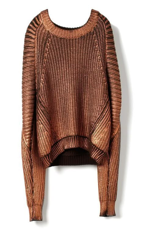 Copper brown pullover knit sweater made from full-fashion construction methods. Consisting of a scoop neckline with long sleeves. Metallic Sweater, Knitwear Fashion, Sweater Pullover, 3.1 Phillip Lim, Printed Sweater, Knitting Inspiration, Phillip Lim, Sweater Weather, Primavera Estate