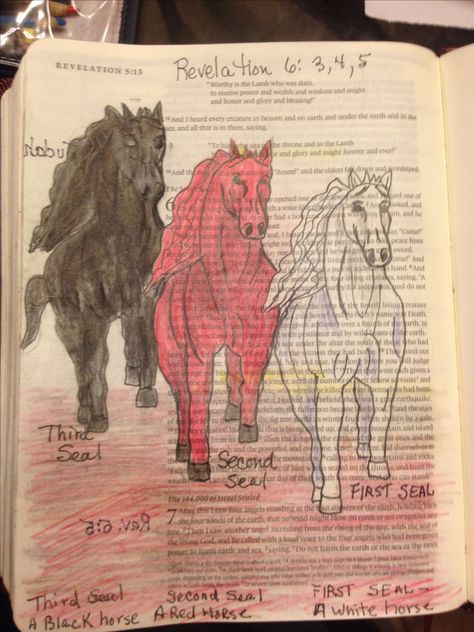 Three horses Rev 6:3-5 Revelation Bible Journaling, Bible Highlighting, Revelation 6, Three Horses, Four Horses, Inspire Bible, Bible Drawing, Revelation Bible, Bible Journaling Ideas Drawings