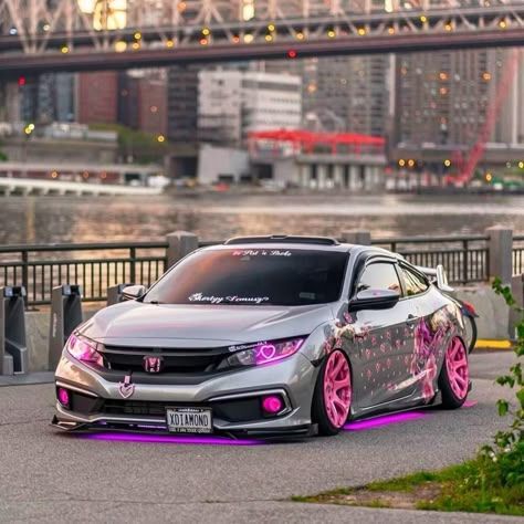 Modified Cars Honda Civic, Honda Modified Cars, Pink Honda Civic Hatchback, Modded Honda Accord, Modded Civic, Honda Civic Sport Modified, Honda Civic Si Modified, Honda Civic Hatchback Modified, Pink Civic