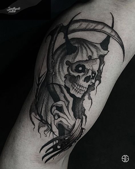 Grim Reaper Tattoo, Dark Designs, Reaper Tattoo, London Tattoo, Dark Tattoo, Custom Tattoo, Blackwork Tattoo, Tattoo Inspo, Grim Reaper