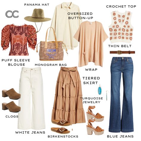 Summer Capsule Wardrobe | 7 Closet Essentials On-Trend Every Woman Can Wear - Closet Choreography Bohemian Capsule Wardrobe Boho Chic, Boho Wardrobe Essentials, Boho Capsule Wardrobe 2023, Boho Chic Capsule Wardrobe, Hippie Capsule Wardrobe, Minimal Boho Fashion, Midsize Wardrobe, Closet Essentials For Women, Western Capsule Wardrobe