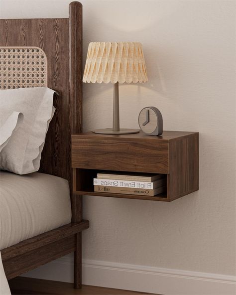 PRICES MAY VARY. Modern Convenient Design: Aienvey floating nightstand is a space saving modern piece with both closed and open storage. Get ready to take your bedroom's convenience level up a notch with this wall mount nightstand. The light and simple lines of the walnut nightstand with its neutral and natural tones makes it a perfect element to blend well with any furniture. Walnut nightstand is the ideal companion for your modern bedroom. Storage Space Saving: The hanging design gives you the Wall Mount Nightstand, Bedside Table Small Space, Floating Night Stand, Hanging Nightstand, Modern Floating Nightstand, Art Bedroom Ideas, Nightstand Small, Classy Bedroom Decor, Shelves For Bedroom