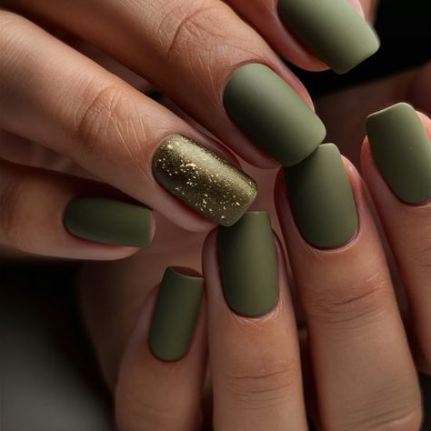 1 Rust And Green Nails, Fall Nail Designs Olive Green, Matte Olive Nails, Fall Season Nails Green, November Matte Nails, Green November Nails, November Nails Matte, Fall Nails With Green, Olive Green Matte Nails