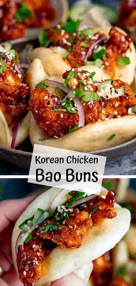 Korean Chicken Bao - foft and fluffy steamed mini bao buns filled with crispy Korean chicken – with full step-by-step instructions. A fantastic party food idea that will really impress your guests! #baobun #chickenbao #koreanchicken #partyfood #gameday #fingerfood Korean Chicken Bao, Chicken Bao Buns, Koreansk Mat, Chinese Food Recipes, Korean Chicken, Bao Buns, Korean Dishes, Läcker Mat, Think Food