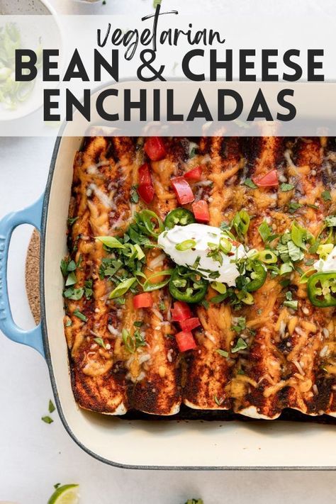 Indulge in the deliciousness of our Vegetarian Enchiladas made with refried and black beans and cheese! These enchiladas are bursting with flavor and are a perfect meat-free option. The combination of creamy refried beans, hearty black beans, and gooey melted cheese creates a mouthwatering filling. Baked to perfection and topped with tangy salsa and fresh cilantro, these enchiladas are a crowd-pleaser that will satisfy the entire family! Jackfruit Vegan Recipes, Bean And Cheese Enchiladas, Beans And Cheese, Refried Bean, Black Bean Enchiladas, Vegetarian Enchiladas, Bean Enchiladas, Cheese Enchiladas, Meatless Monday Recipes