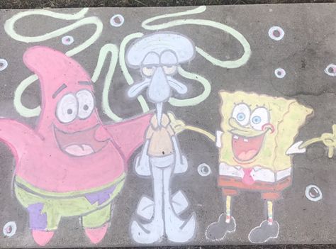 Chalk drawing of #spongebob #patrick#squidward Spongebob Sidewalk Chalk, Chalk Ideas Spongebob, Spongebob Chalk Art, Drawing Of Spongebob, Chalk Art Christmas, Outdoor Drawing, Street Chalk Art, Chalk Activities, Chalk Designs