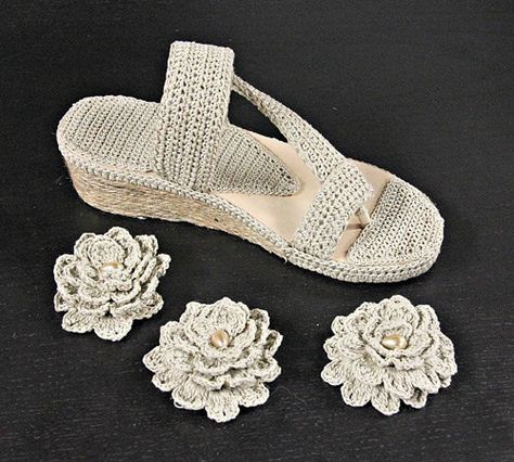 ABOUT THIS PATTERN:  With the Sand Flower Sandal weve come up with an easy way for you to create durable handmade crocheted shoes that will WOW everyone and will hold up to real life wear and tear. This pattern contains detailed photos with all the steps on how to assemble these gorgeous street-ready sandals. And the best part is youll easily find all the materials needed in any major craft store. Pattern includes sizes 6 through 11 for adults.  The pattern includes a PHOTO TUTORIAL with many... Crochet Puff Flower, Shoe Goo, Crochet Slippers Free Pattern, Sandals Patterns, Crochet Slipper Pattern, Crochet Sandals, Flower Sandals, Cute Slippers, Knit Shoes