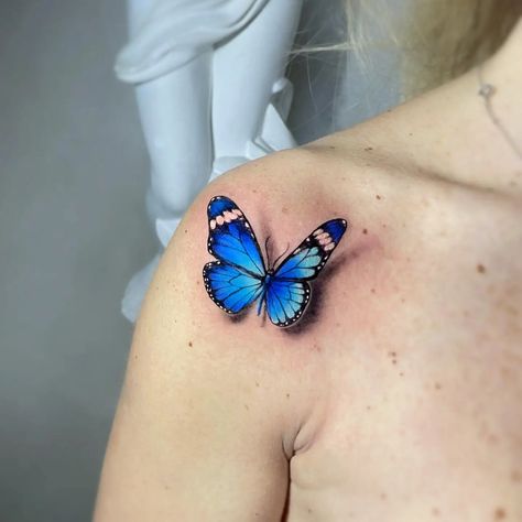 30 Awesome Blue Butterfly Tattoo Ideas for 2023 3d Star Tattoo, 3d Flower Tattoos, Blue Ink Tattoo, Best 3d Tattoos, 3d Butterfly Tattoo, Blue Butterfly Tattoo, Glasses Tattoo, Butterfly Back Tattoo, Skeleton Hand Tattoo