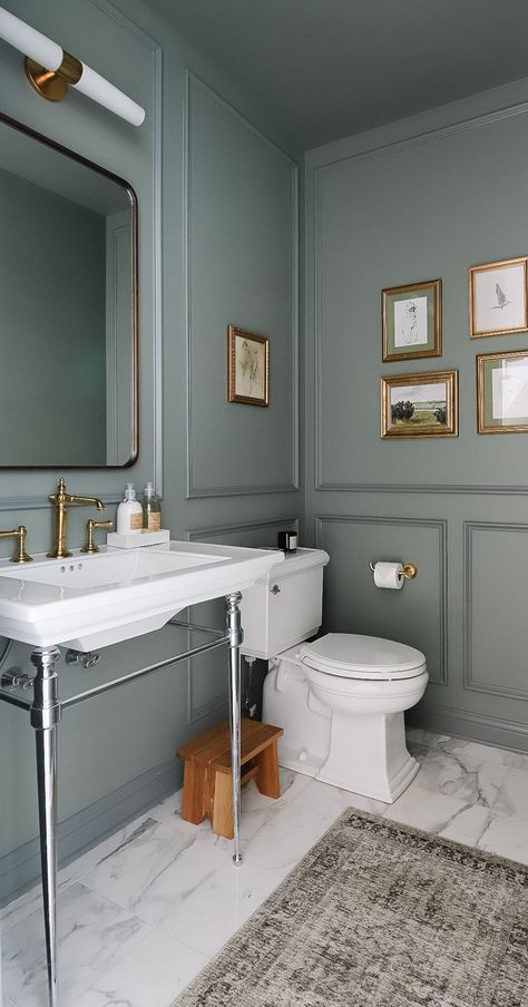 Creating A Moody Powder Bathroom: Progress Photos & A Mini Reveal! - Timeless Blue Bathroom, Blue French Bathroom Ideas, Not White Bathroom, Old World Powder Room Ideas, Intrigue Benjamin Moore Bathroom, Historical Tiles Bathroom, Tan Brown Bathroom Ideas, Cape Cod Powder Room, Paneled Wall Bathroom