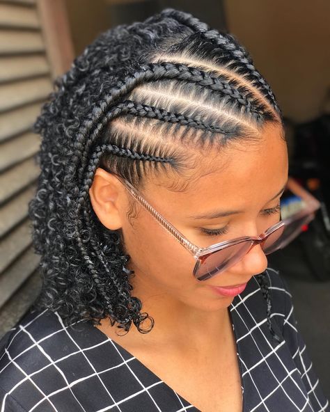 Curly Bob with Half Up Braids Half Cornrow Half Curly Hair, Half Cornrows Half Box Braids, Braids In The Front Natural Hair, Curls Ideas, Curly Hairstyle Ideas, Curled Hair With Braid, Half Cornrows, Dutch Braid Ponytail, Bob Braids Hairstyles