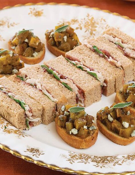 Turkey Tea Sandwiches, Squash Crostini, Tea Party Sandwiches, Roasted Acorn Squash, Shredded Turkey, Cranberry Relish, Party Sandwiches, Turkey Sandwiches, Acorn Squash