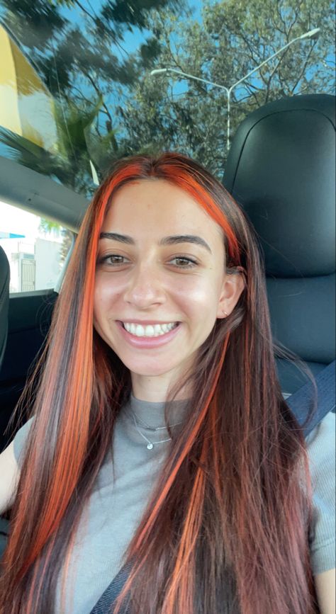 Honey Coloured Highlights, Brunette Orange Highlights, Bright Orange Highlights In Brown Hair, Dark Brown Hair With Orange Highlights, Brown Hair Orange Highlights, Orange Money Piece Hair, Brown Hair With Orange Highlights, Orange Highlights In Brown Hair, Orange Peekaboo Hair