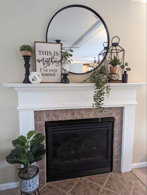 Fireplace Mantle Decor With Mirror And Pictures, Wall Decor For Fireplace Wall, Formal Living Room Mantle Decor, Mantel Vase Ideas, Photo Collage Wall Above Mantle, Farmhouse Mantle Decor With Mirror, Mantle Decor With Circle Mirror, Above The Chimney Decor, Chimini Decor Ideas