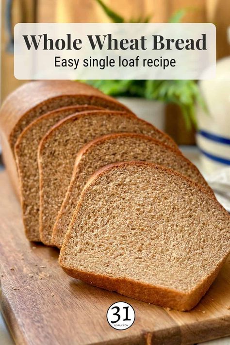 This 100% whole wheat bread recipe is a simple way to make a single loaf of nourishing, delicious, homemade bread. Whether you're a first-time bread maker or a seasoned baker, you will fall in love with this soft and tender sandwich bread recipe. Easy Homemade Whole Wheat Bread, Wheat Bread Loaf, Homemade Wheat Bread Recipes Easy, Bread Machine Wheat Sandwich Bread, Light Wheat Bread Recipe, Fall Bread Maker Recipes, Diy Wheat Bread, Healthy White Bread Recipe, Bobs Red Mill Whole Wheat Recipes