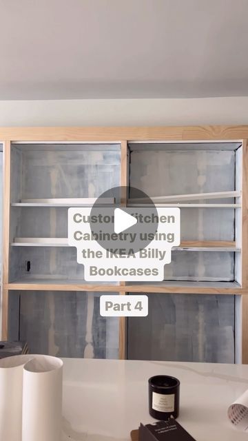 DIY Home Reno | Brooke Rose on Instagram: "Custom Kitchen Cabinetry using the IKEA Billy Bookcases Part 4!  Many of you have been asking & it’s finally here. The key to making any IKEA or basic cabinetry look custom is all in the details. I’ve been adding additional wood & trim to these bookcases and really thinking how I can maximize this space.  Like all projects, your plan evolves as you go and this one is no different. Originally I was just going to put doors on all of the cabinets but then decided I would keep the two center cabinets open and build my own plate racks to really maximize the use of this space. A previous comment was made asking if these would even be able to house plates because they are on the shallower side and now, there will be zero issues housing any plate you (or Billy Bookcase Kitchen Cabinets, Build Your Own Kitchen Cabinets Diy, Adding Trim To Ikea Bookcase, Adding Trim To Ikea Cabinets, Adding Trim To Billy Bookcase, Diy Larder Cupboard, Billy Bookcase Pantry Hacks, How To Add Doors To A Bookcase, Ikea Billy Kitchen