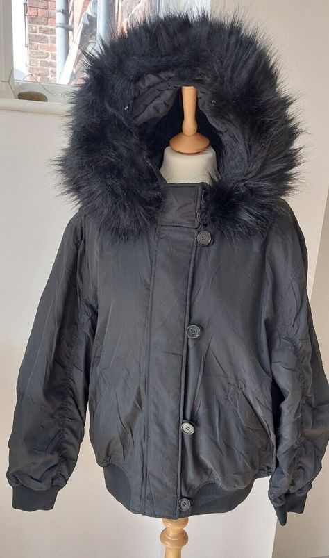 Urban Outfitters Angelica Black Coat bomber jacket Faux Fur trim to hood Size Small New without tags,  pen through brand label at back of neck and care label removed Zip & button fastening 25" armpit to armpit 18" underarm to Cuff 28" from base of hood at back of neck to hem Fur Hood Coat, Brand Label, Fur Hood, Coat Black, Care Label, Faux Fur Jacket, Fur Jacket, Fur Trim, Black Coat