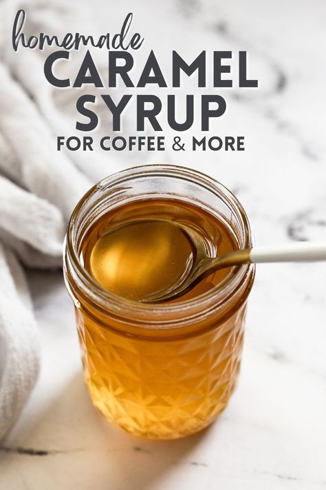 Make your own caramel syrup at home with just 3 simple ingredients. Take your favorite lattes, iced coffee, and cocktails to the next level with this easy recipe. Even better? It's budget-friendly and has much better flavor than the store-bought stuff. Home Made Syrup For Coffee, Diy Caramel Coffee Syrup, Healthy Syrup For Coffee, Carmel Coffee Syrup Recipe, Caramel For Coffee Recipe, Diy Vanilla Coffee Syrup, Simple Coffee Syrup Recipe, Homemade Flavored Syrups For Coffee, Caramel Syrup For Coffee Recipes