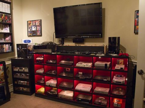 Alter of Awesome.   Sadly I do not know where this originated. I swiped it off of someone's facebook post. Best Gaming Setup, Recreational Room, Gamer Girls, Organisation Ideas, Video Game Rooms, Entertainment Area, Gamer Room, Video Game Room, In The Room