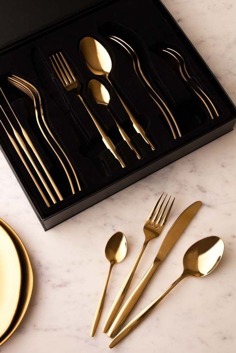 Lifestyle image of the 16 Piece Gold Cutlery Set With Gift Box Wedding Cutlery, Simple Cafe, Gold Cutlery Set, Quirky Kitchen, Coffee Shop Interior Design, Quirky Home, Gold Cutlery, Box Bedroom, Rockett St George