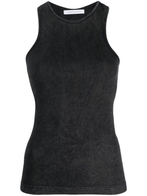 distressed-effect ribbed tank top from JOHN ELLIOTT featuring black, stretch-design, ribbed knit, distressed effect, crew neck, sleeveless and straight hem. This item is in size M and the color is Black Burberry Top, John Elliott, Womens Sleeveless Tops, Latest Fashion Design, Ribbed Tank Top, Knitted Tops, Ribbed Tank Tops, Ribbed Tank, Black Stretch