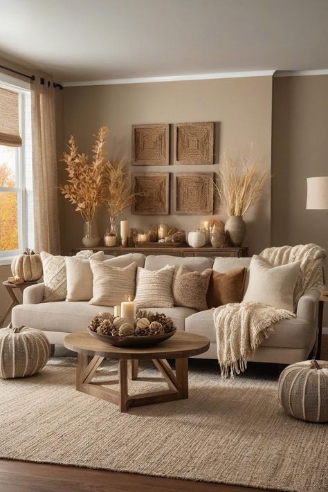 Light And Neutral Living Room, White And Caramel Living Room, Cream And Natural Wood Living Room, Clay Color Living Room, Earthy Tone Decor, Beige And Taupe Living Room, Muted Tones Living Room, Gold And Neutral Living Room, Orange And Neutral Living Room