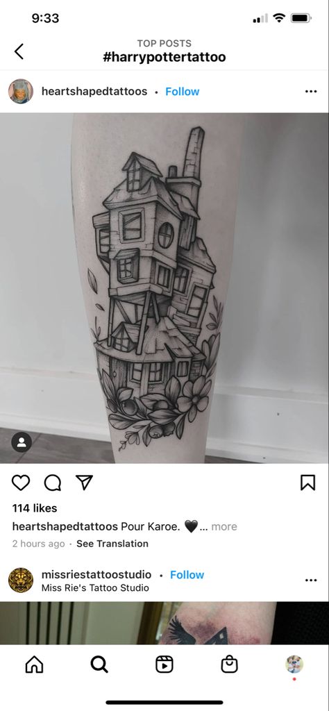 Harry Potter Night Bus Tattoo, Weasley Burrow Tattoo, Ron Weasley Tattoo Ideas, Hagrid Tattoo Harry Potter, Hagrids Hut Tattoo, Harry Potter Leg Sleeve, The Burrow Tattoo, Harry Potter Traditional Tattoo, Traditional Harry Potter Tattoo