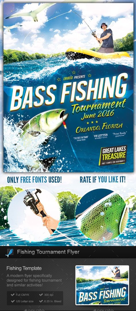 angling, bassfishing, big-game, boat, competition, documentary, fisher, fishing, flyer, hooks, lakes, lines, lures, noodling, poster, sport fishing, template, tournament, trout tickling This is a flyer / poster template specifically designed for fishing, fishing tournaments, bass fishing, sports, documentaries and anything related to sea / lake water sports or recreational activities. The flyer is fully layered, you can move/remove many elements of it.   	The free fonts used are:   Alegre S... Fishing Posters, Fishing Poster, Fishing Tournament, Fishing Boats For Sale, Sport Fishing Boats, Sport Poster Design, Fishing Hooks, Sports Flyer, Event Flyer Templates