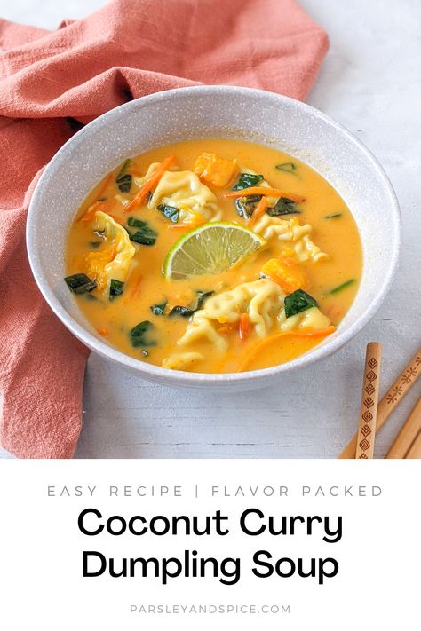 This recipe is a simple throw together meal when you really don't feel like cooking. You will just need one pot to throw everything in. This is a very flavor packed soup with lots of bright colors, and it is so nutritious. Coconut and curry pair well to make a warm and comforting soup. Then just add your favorite frozen dumpling or pot stickers. Frozen food, elevated! Coconut Curry Broth, Potsticker Coconut Soup, Frozen Pot Sticker Soup, Soup With Frozen Dumplings, Thai Curry Dumpling Soup, Easy Thai Red Curry Dumpling Soup, Pot Sticker Soup Easy, Curry Dumpling Soup, Coconut Curry Dumpling Soup