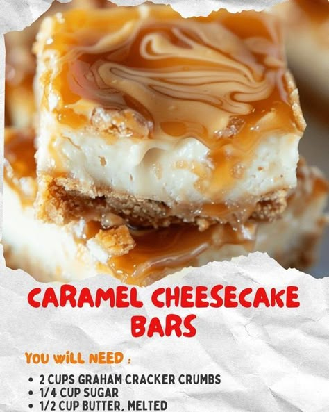 Flavors of Recipes | Caramel Cheesecake Bars | Facebook Recipes With Caramel Bits, No Bake Caramel Cheesecake, Cheesecake Deserts, Christmas Bars, Food Polls, Caramel Cheesecake Bars, Cook Desserts, Caramel Cheesecake Recipes, Cheesecake Bar