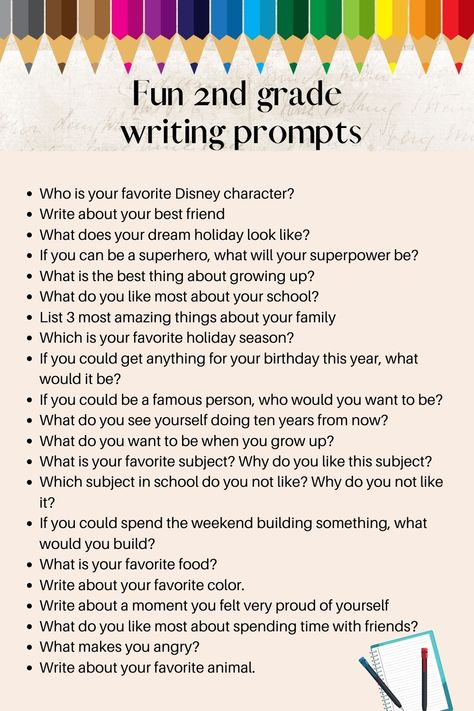 Fun 2nd grade writing prompts Preparing For 2nd Grade, Writing Topics For First Grade, 2nd Grade Story Writing, Second Grade Fun Activities, Grade 1 Writing Prompts, Creative Writing Topics For Grade 2, Second Grade Journal Prompts, Grade 2 Writing Prompts, Second Grade Writing Prompts Free