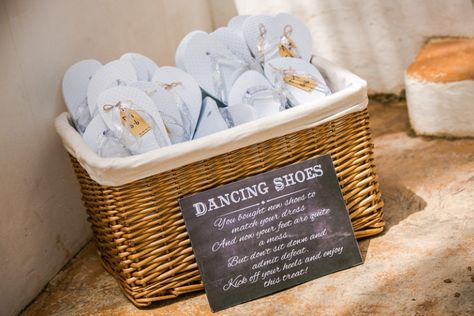 13 Ways to Make Sure the Dance Floor is Packed at Your Wedding | weddingsonline Wedding Flip Flops For Guests, Flip Flop Basket, Dancing Shoes Wedding, Outdoor Dance Floors, Flip Flop Sign, Outdoor Bride, Dance Props, Wedding Flip Flops, Shoe Basket