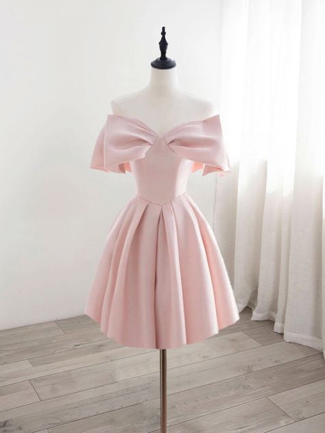 Elegant Korean Short Pink Evening Dress With Pockets A-Line Off Shoulder Knee Length Homecoming Short Dresses For Quinceanera, Light Pink Wedding Dress Short, Champagne Pink Dress Short, Pink Ahort Dress, Pink Short Puffy Dress, Pastel Pink Dress Short, Pink Statement Dress, Pink Knee Length Dress Formal, Quince Dama Dresses Pink