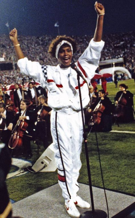 Photos from Whitney Houston's Memorable Looks - E! Online Houston Pictures, Whitney Houston Pictures, Super Bowl Outfit, Star Spangled Banner, Kevin Costner, Whitney Houston, Star Spangled, National Anthem, Music Legends