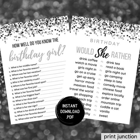 How Well Do You Know The Birthday Girl, Who Knows The Birthday Girl Best, Printable Birthday Games, Bachelorette Party Games Drinking, Adult Birthday Party Games, Reveal Party Games, Gender Reveal Party Games, Would She Rather, Gender Reveal Games