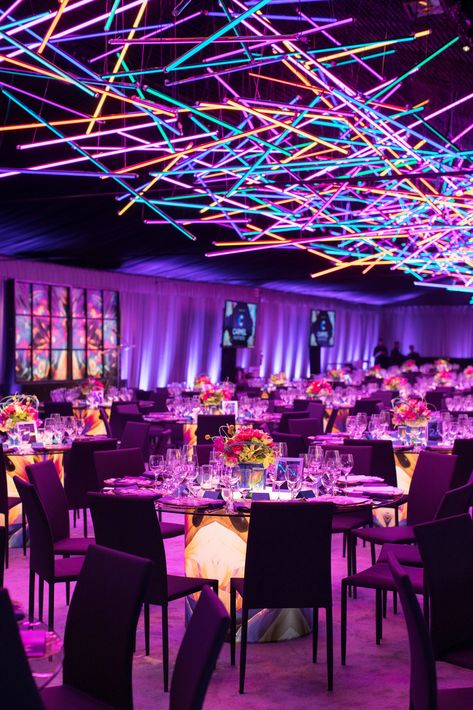 Image by Blueprint Studios from the Vibrant and Electric Gala event in San Francisco, CA, USA Futuristic Party, California Academy Of Sciences, Nightclub Design, Awards Night, Ceiling Treatments, Gala Events, Neon Wedding, Led Tubes, Neon Party