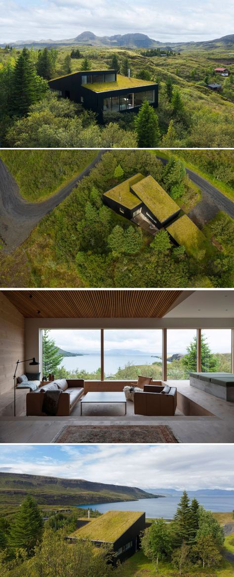 Thingvallavatn House by KRADS is built with a green roof, large glass windows to blend in the hillside and offer expansive views of the lake Thingvallavatn Houses That Blend In With Nature, House On A Slope Ideas, Grass Roof House, Sod Roof House, Hill House Architecture, House In Hill, House Built Into Hill, House Slope, Hillside Architecture