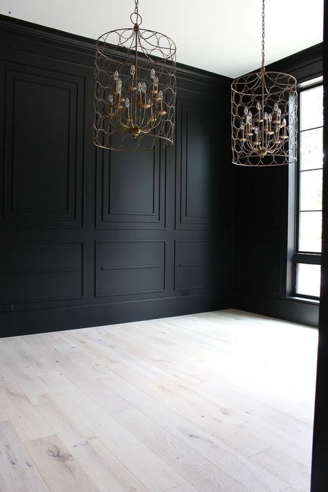 Are you looking for the perfect shade of black paint for an accent wall, kitchen island or even just your front door? Whether you want to go bold with all over color or just as a touch of contrast, Sherwin Williams Tricorn Black is one of the best shades of black paint. Read this full paint review to see if it's the right color for your home! White Floor Black Walls, Light Oak Floors Dark Walls, Black Panelling Dining Room, Black Wall Design Living Room, Black Walls With White Wainscotting, Wall Niche Behind Tv, Japandi Traditional Interior, Close Off Dining Room French Doors, Manly Bathroom Wallpaper