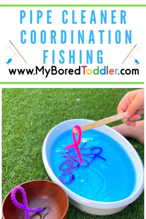 Pipe Cleaner Coordination Fishing: This activity can be ready to play within a few minutes using just a few resources. Great for life skills! Pipe Cleaner Toddler Activities, Pipe Cleaner Activities For Toddlers, Dayhome Activities, Learning Provocations, Diy Fishing Game, Exercise Games, Ece Activities, Boys Activities, Fishing Games For Kids