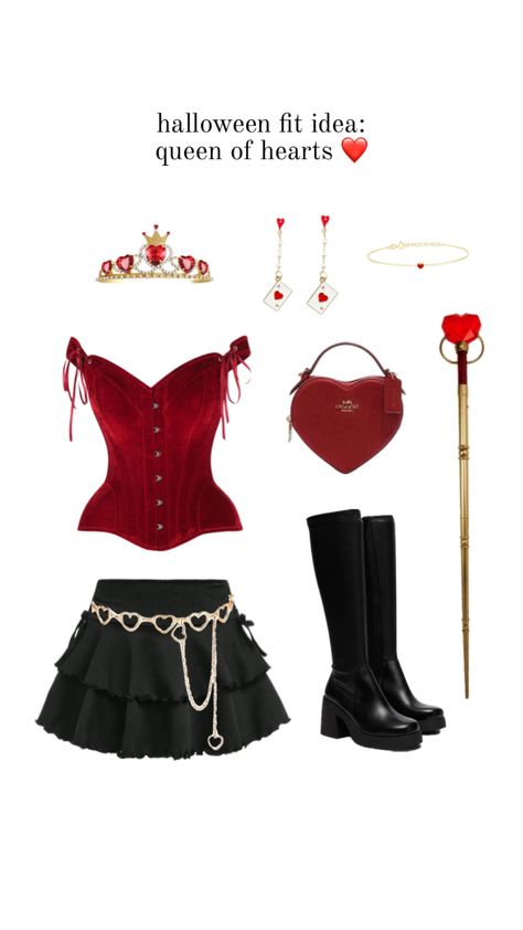 halloween fit ideas: queen of hearts from alice in wonderland ❤️ #halloween #halloweenaesthetic #fyp #outfit #fit #fitinspo #aesthetic Halloween Rave Outfits, Queen Of Hearts Halloween Costume, Alice In Wonderland Halloween, Alice Halloween, Queen Of Hearts Halloween, Alice In Wonderland Outfit, Carnaval Outfit, Princess Inspired Outfits, Vestiti Edgy