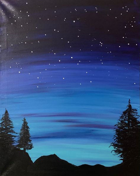 Ombre Night Sky Painting, Night Aesthetic Painting Easy, Canvas Sky Painting Easy, Night Sky With Stars Painting, Paint Blue Aesthetic, Water Colour Night Sky, Dark Sky Painting Easy, Blue Skies Painting, Black Scenery Painting