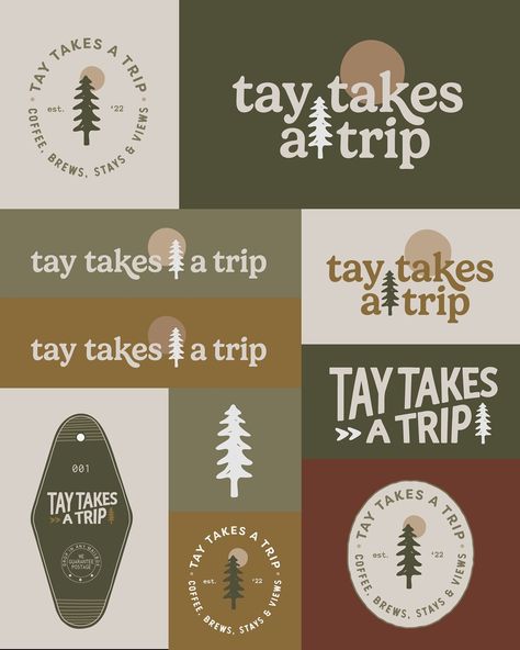 logo variations & brand illustrations for @taytakesatrip 🌲✨ having a logo suite with multiple layouts, colorways and styles is essential for a well-rounded brand identity! this allows you to use your logos for many different applications throughout your brand & website—think packaging, marketing materials, website, social media, merch, digital assets, event signage, advertisements, video content. There are SO many places to use your logos and icons, creating a cohesive yet versatile brand ... Outdoors Logo Design, Ranch Entrance Ideas, Green Classroom, Adventurous Lifestyle, Logo Suite, Drinks To Try, Camp Logo, Brand Website Design, Logo Variations