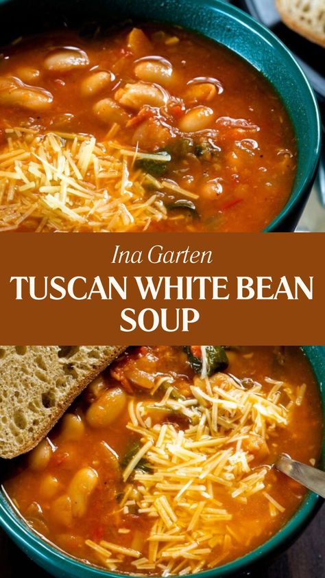 Ina Garten Tuscan White Bean Soup Ina Garten Tuscan Soup, Tuscan White Bean Soup Ina Garten, Garlic Bean Soup, Lemon Rosemary White Bean Soup, Ina Garten Soup Recipes, Ina Garten Dinner, Cannellini Bean Recipes, Garlic Rosemary Chicken, Tuscan White Bean Soup